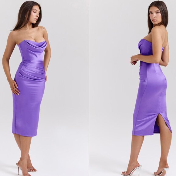House of CB 'Santana' violet satin strapless corset midi dress - Picture 1 of 7